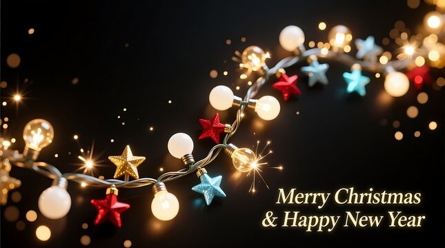 Festive christmas string lights with colorful stars and glowing bokeh decor - Powered by Adobe