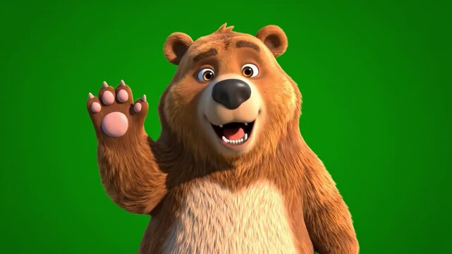 Friendly Brown Bear Cartoon Character Waving on Green Background
