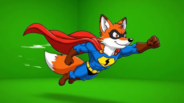 Cartoon Fox Superhero Flying with Cape on Green Background
