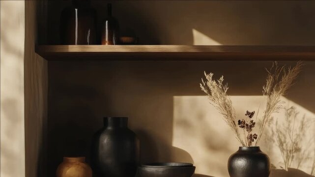 A wall-mounted wooden shelf showcasing various ceramics, including pottery vases and bowls crafted by an artisan, set against the backdrop of a rustic home kitchen or studio.