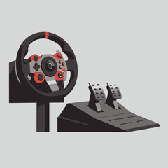 Illustration of a racing wheel and pedals for gaming on a gray background.