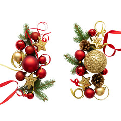 Festive christmas decorations with red and gold ornaments and pine sprigs