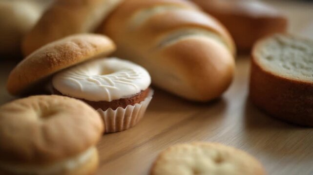 Assorted freshly baked breads, sweet pastries, and wholesome cookies beautifully arranged on a warm wooden table, highlighting their inviting textures