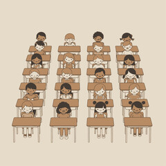 An illustration of diverse elementary school children sitting at their desks in a classroom, ready to learn.
