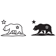Stylized Bear Illustration with Stars in Black and White Outline and Silhouette