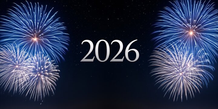 Bright blue fireworks celebrate the year 2026