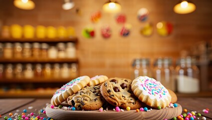 Delicious assorted cookies and candies on a wooden table