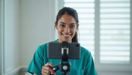 A cheerful young woman in medical scrubs records a video blog with a smartphone indoors with a