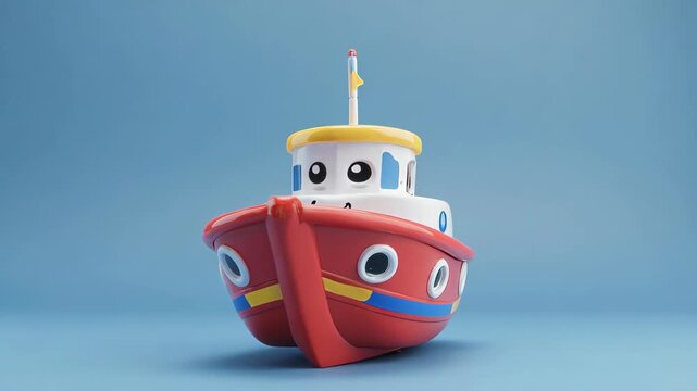 Cute cartoon tugboat with yellow and blue flag against blue background