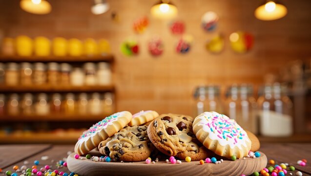 Delicious assorted cookies and candies on a wooden table