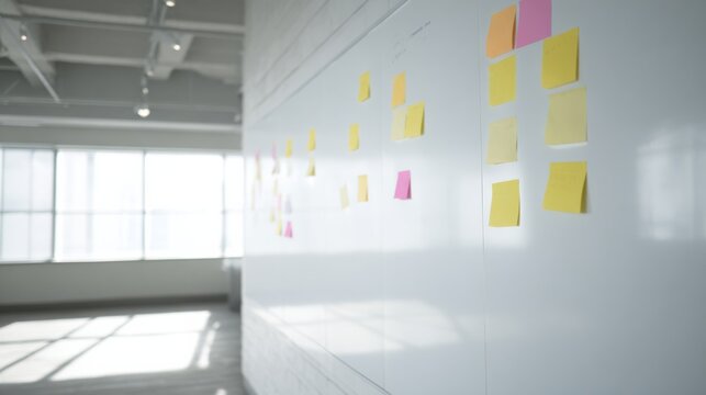 Whiteboard With Colorful Sticky Notes In Bright Office. Brainstorming And Idea Organization