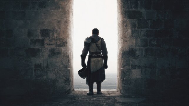 Medieval Knight Standing In Castle Archway. Historical Warrior Gazing Into Distance