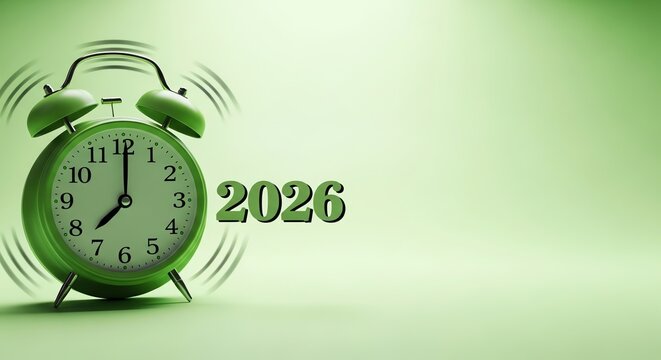 Green alarm clock showing 2026 on a green background