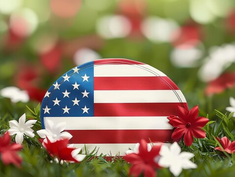 American flag decoration in grass with red and white flowers patriotic holiday celebration close up eye level view - Powered by Adobe