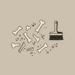 Minimalist illustration depicting various bones, some broken, alongside a small brush, evoking a paleontological discovery scene.