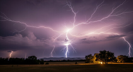 A powerful lightning storm spreads across the night sky, illuminating clouds and a quiet landscape with dramatic electric branches.