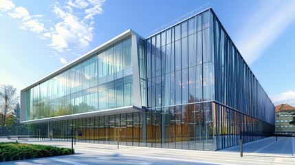 Obraz premium Modern Glass Building Exterior Daytime Shot in Urban Setting with Blue Sky and Cloudscape
