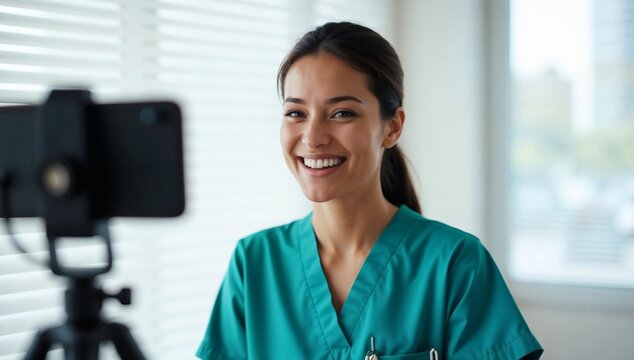 Smiling young woman in scrubs stands for a video call using a modern phone on a tripod stand.