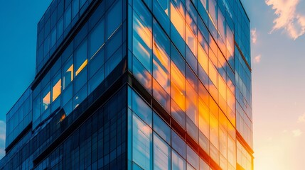 Modern glass building reflects sunset light in windows low angle architecture construction design