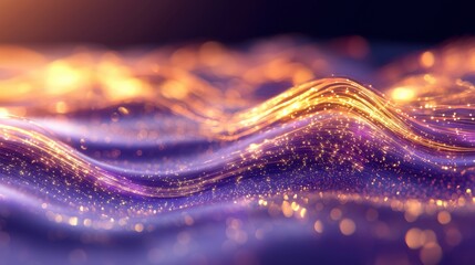 Fiber glow macro abstract waves streaming light particles depth purple gold bokeh effects elegant flowing motion