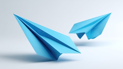Naklejka premium Two light-blue paper airplanes in mid-flight against a plain white background