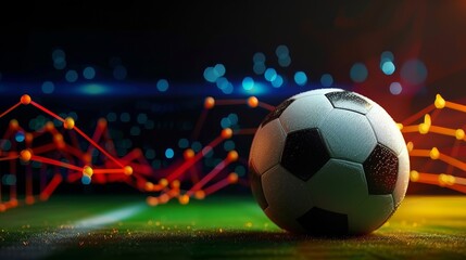 Soccer ball on field with digital network connection concept low angle shot for sports technology and global game