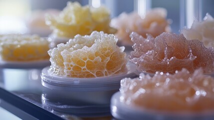 Aerogel foam arranged samples multiple laboratory display cellular structure densities transparencies ultra-light material ethereal properties minimal weight texture