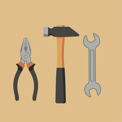 Illustration of three tools: pliers, a hammer, and a wrench, arranged on a neutral background.