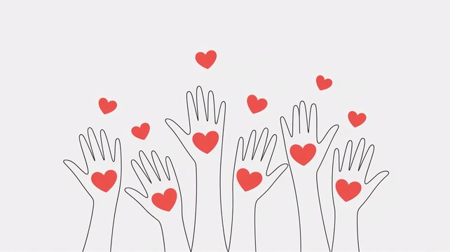 Many hands reaching up with red hearts