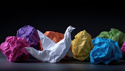 White origami bird amidst colorful crumpled paper