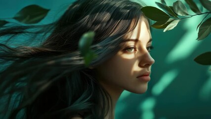 A woman with long, ethereal hair in a forest setting, looking like an elven fantasy character. Captured by natural light and a sunbeam. - Powered by Adobe