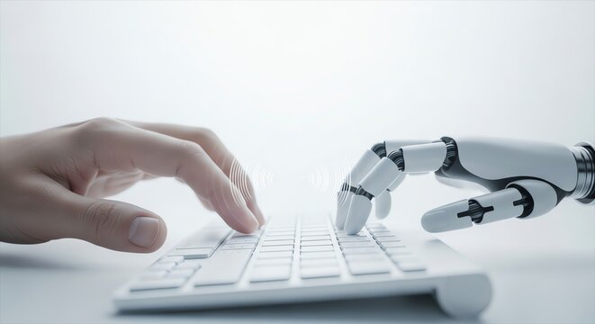 Human hand and robotic hand typing on keyboard