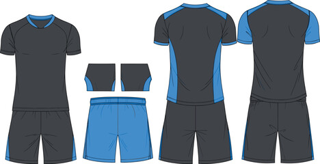 Sports uniform design, athletic outfit, front and back view, black and blue, short sleeve shirt, shorts, side panel, waistband, team gear, apparel