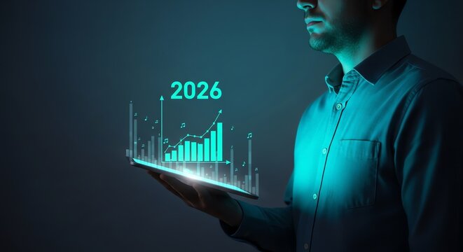 Man holding data visualization with 2026 projection