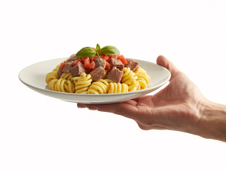 Delicious spiral pasta with fresh tomato sauce and basil, served on a white plate, held up by a hand, inviting you to enjoy a tasty and satisfying meal
