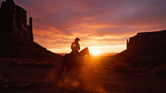 Silhouette of a cowboy on horseback riding through a desert landscape at sunset with a dramatic fiery orange and red sky.