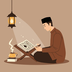 A Muslim man in traditional attire sits on the floor, reading the Quran under the soft glow of a lantern, with a steaming cup beside him, depicting a moment of peaceful devotion.