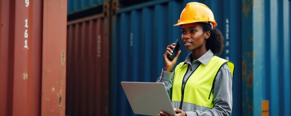 Black woman supervisor in hard hat and vest holds laptop and radio near shipping containers. She manages cargo logistics at a busy port terminal, overseeing global trade operations.