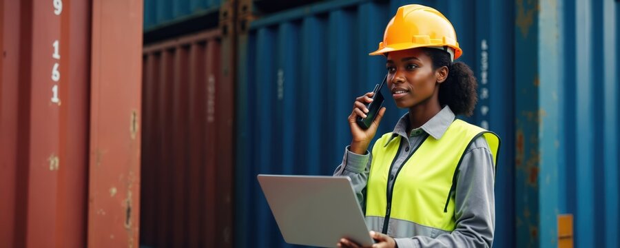 Black woman supervisor in hard hat and vest holds laptop and radio near shipping containers. She manages cargo logistics at a busy port terminal, overseeing global trade operations. - Powered by Adobe