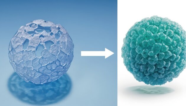 Transformation of abstract spheres, showcasing digital evolution and growth concept