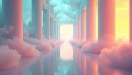 Surreal hallway features many tall columns reflecting on a shiny floor. Pink clouds float along the ground. Sky transitions blue to orange, creating dreamy, peaceful atmosphere. Light shines at end.