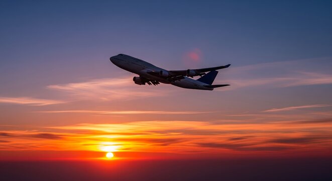 Large passenger airplane taking off or flying at a high altitude, silhouetted against a spectacular, brightly colored sunset or sunrise sky with dynamic clouds - Powered by Adobe