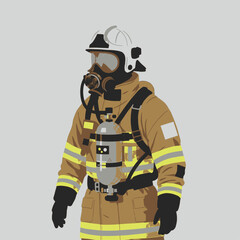 Illustration of a firefighter in full gear with a helmet and oxygen tank.