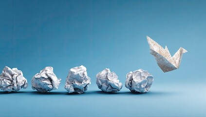 Crumpled paper balls and a paper crane