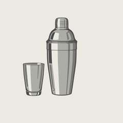 A classic stainless steel cocktail shaker and a shot glass for mixing drinks, depicted in a simple vector illustration style.
