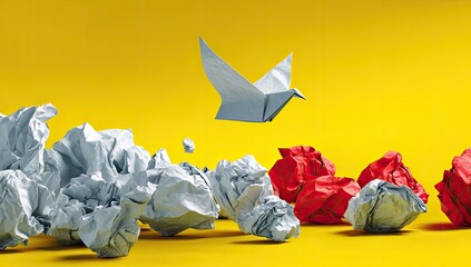 Origami bird soaring above crumpled paper