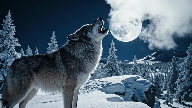 A striking gray wolf howls at a large full moon in a snow-covered forest. The scene is set at night with a dark blue sky and a majestic winter landscape.