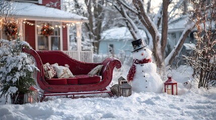 Hand drawn Christmas background photo of Santa’s classic red sleigh parked in a snowy park beneath frost‑covered evergreens, with soft snowflakes drifting in the moomother anchristmas tree in the snow