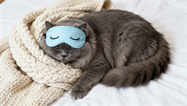 fluffy gray cat rests on white, knit blanket, wearing blue sleep mask, conveying tranquility and comfort, cozy lifestyle, serenity, relaxation, sleep, autumn, Thanksgiving
