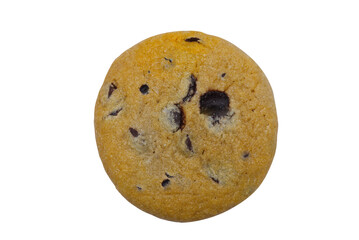 A top-down close-up of a single round chocolate chip cookie. The golden-brown cookie has dark chips visible and is isolated on a pure white background